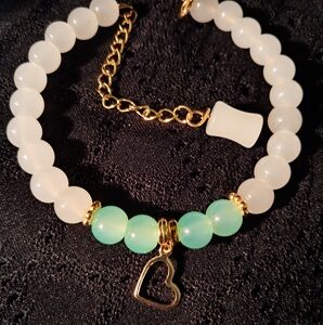 Handmade Light Green/Blue And Foggy Glass Beaded Bracelet With Extender, Charm